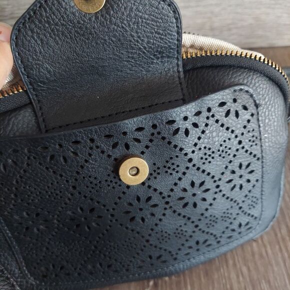 Black Laser Cut Faux Leather Mini Crossbody Bag - Picture 5 of 8
